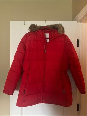 GAP Bright Red Quilted Puffer Jacket with Faux Fur Trim